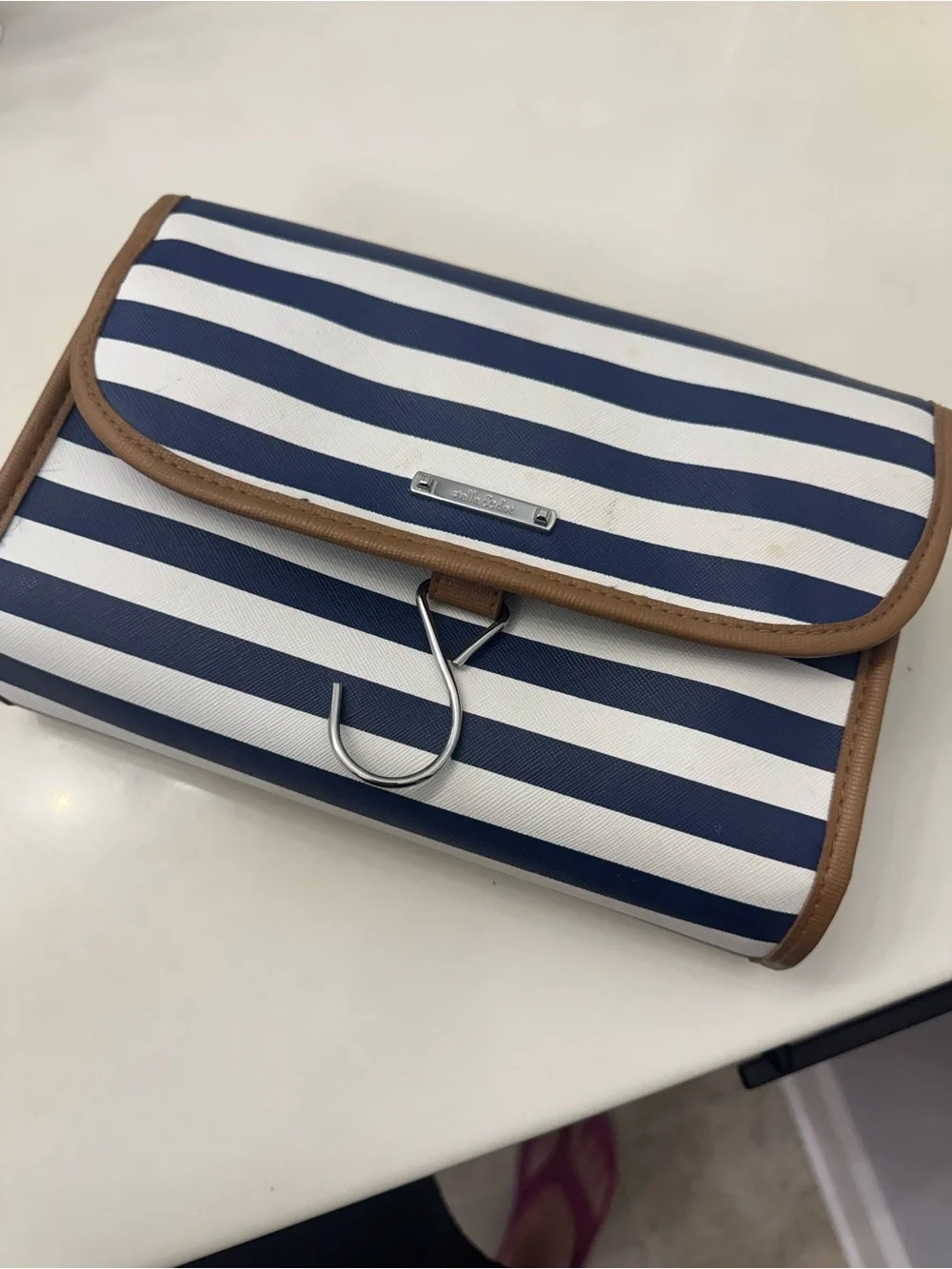 Stella & Dot Navy and White Striped Hanging Cosmetic Case with Brown Trim